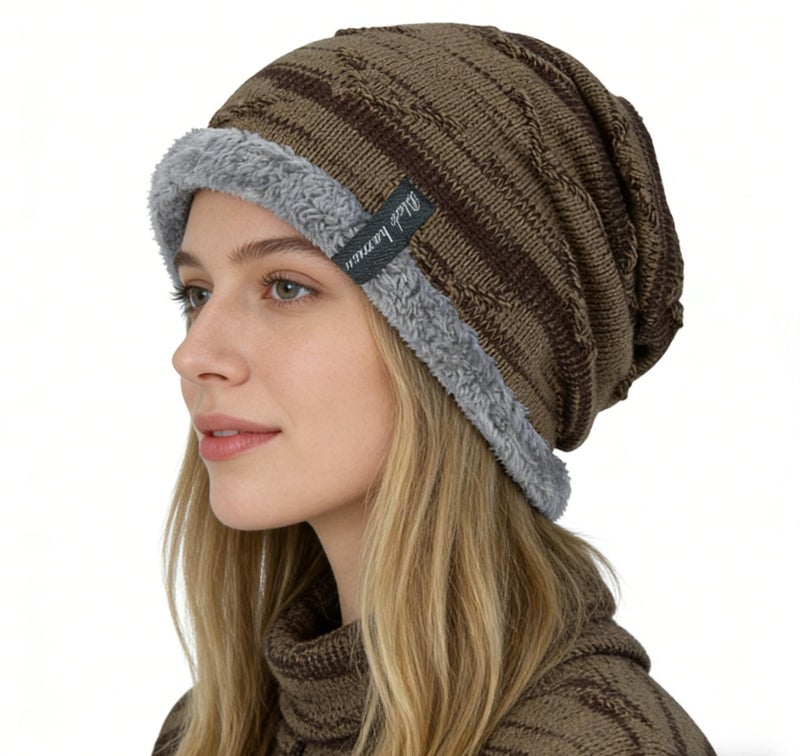 LLmoway Men Women Cable Knit Warm Hat Skull Slouchy Long Beanie Hat Winter Thick Fleece Cap Khaki - Image 1